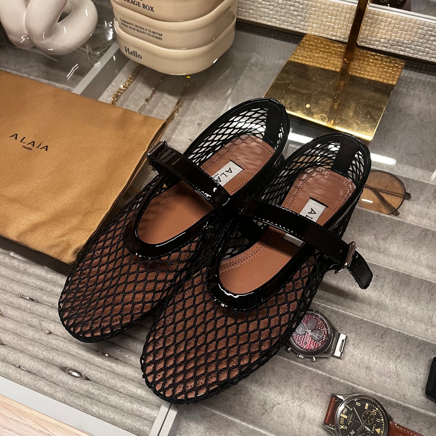 Alaia Black Net Ballet Sandals