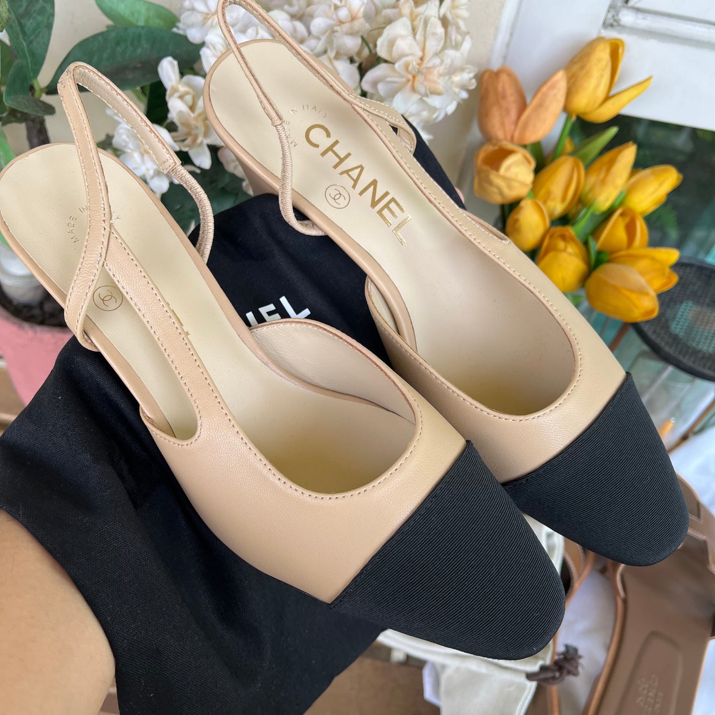 Chanel Slingback Pumps Nude/Black Captoe 36