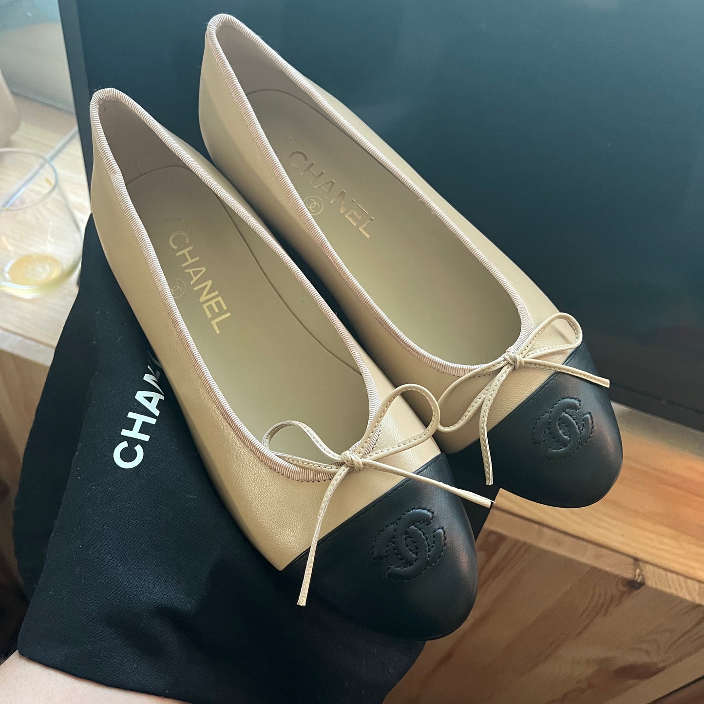 Chanel Ballet Nude/Black Captoe 39