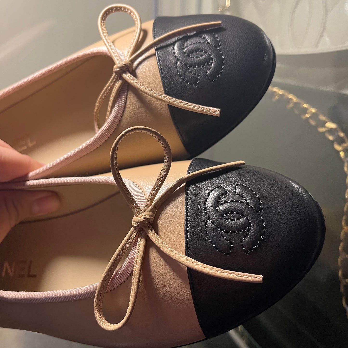 Chanel Ballet Nude/Black Captoe 38